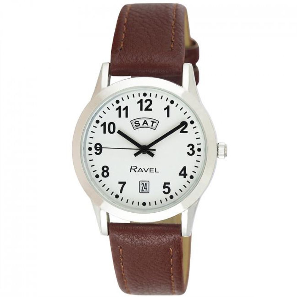 Ravel Gents Stainless Steel Day/Date Brown Faux Leather Strap Watch R0706.41.1