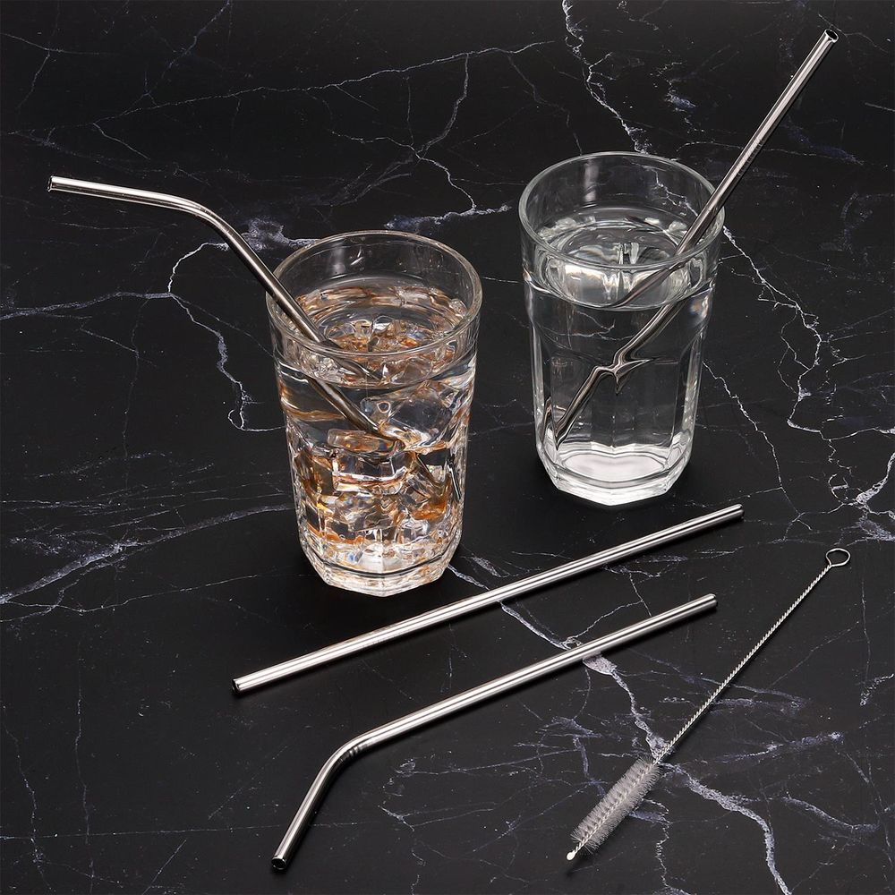 PACK OF 2 8.5" Silver Stainless Steel Reusable Metal Drinking Straws Set of 8 with 2 Cleaning Brushes