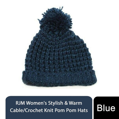 Ladies Winter Knitted Beanie with Bobble Pom Pom, Grey or Blue