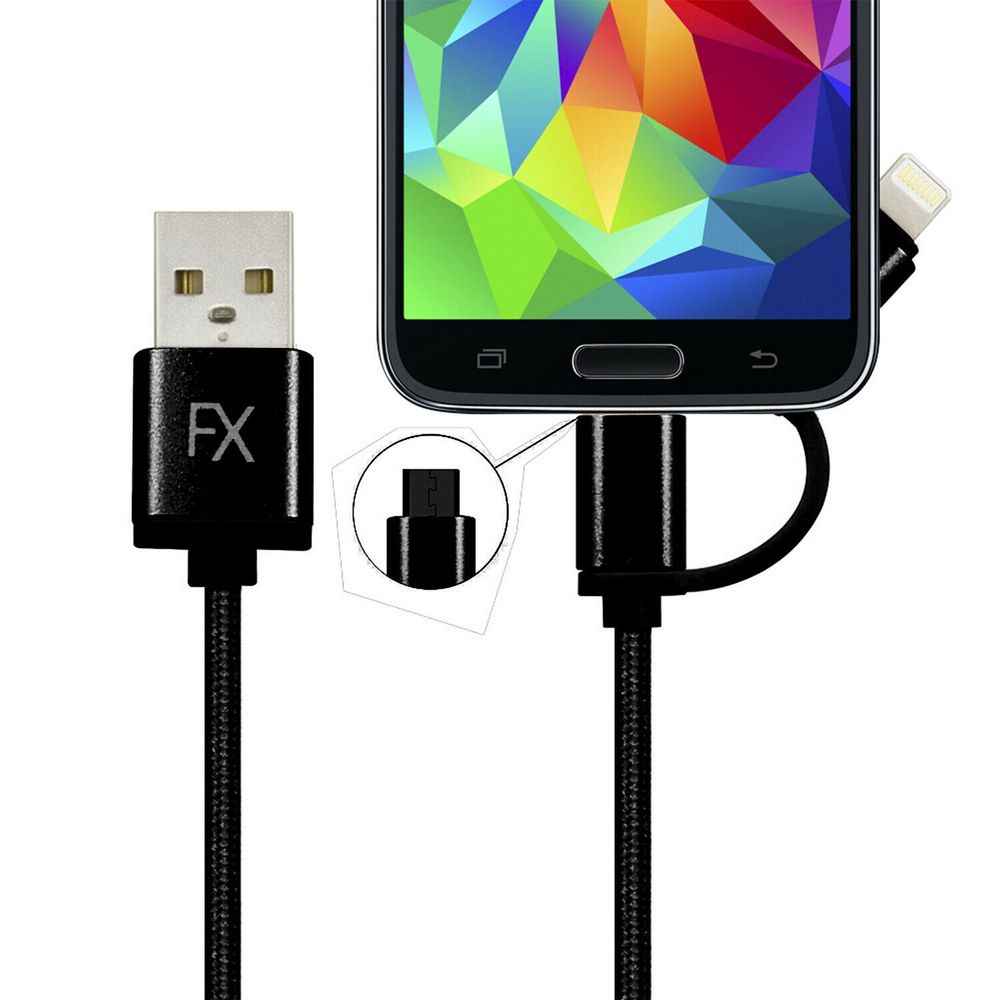 FX Powabud Nylon Braided USB Cable with 2in1 Dual Lightning Connector Cord Black