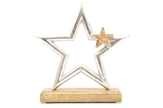 Silver Star On Wooden Base Decoration