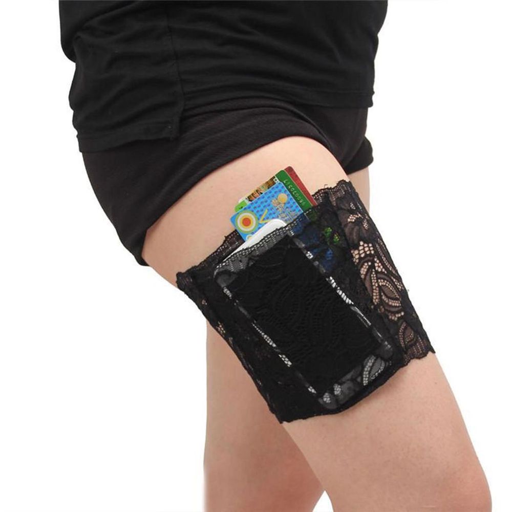 Women Lace Thigh Band with Anti-Slip Cellphone Pocket[L - Black]