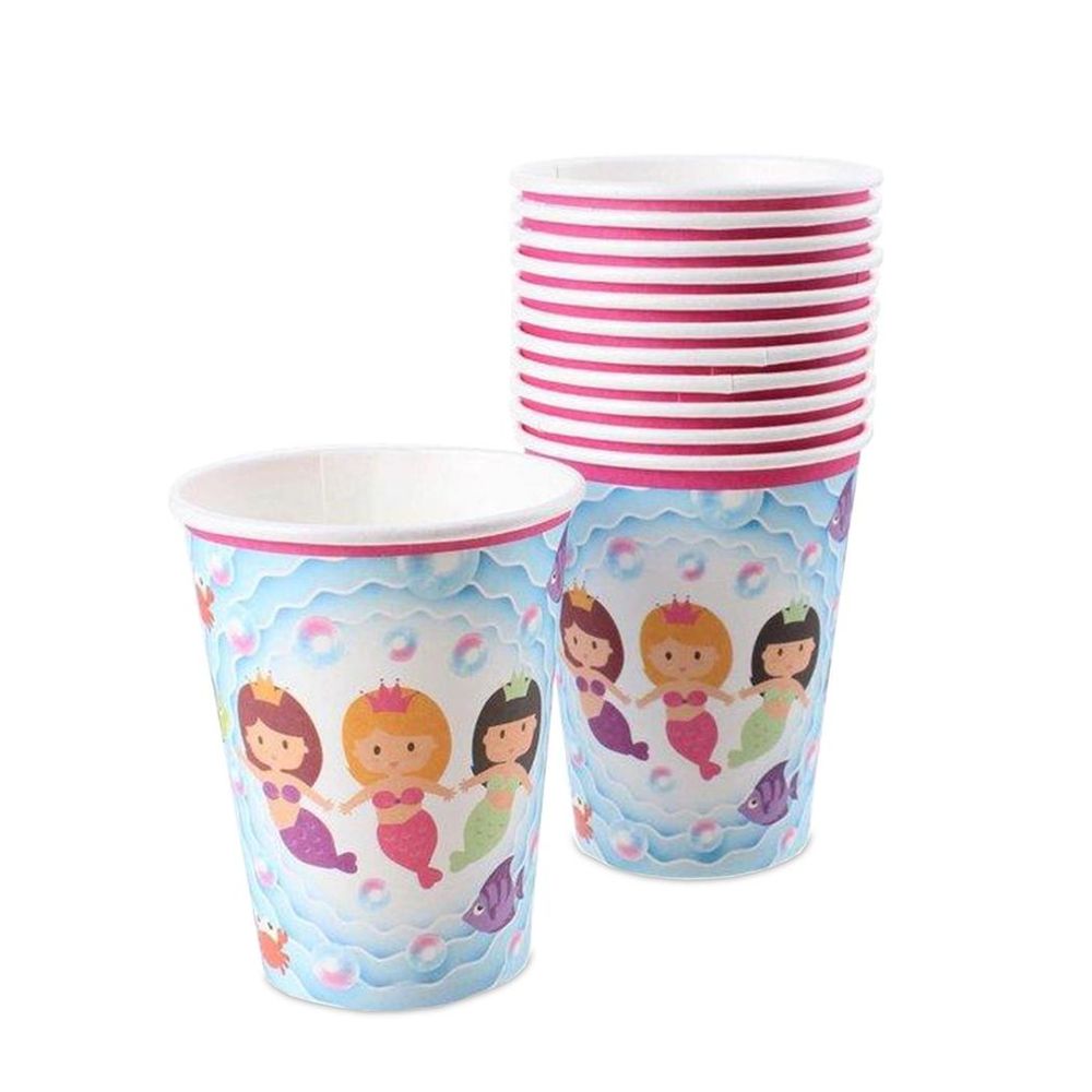 Mermaid Design Disposable 12 Paper Cups For Picnics, Parties & Barbecues