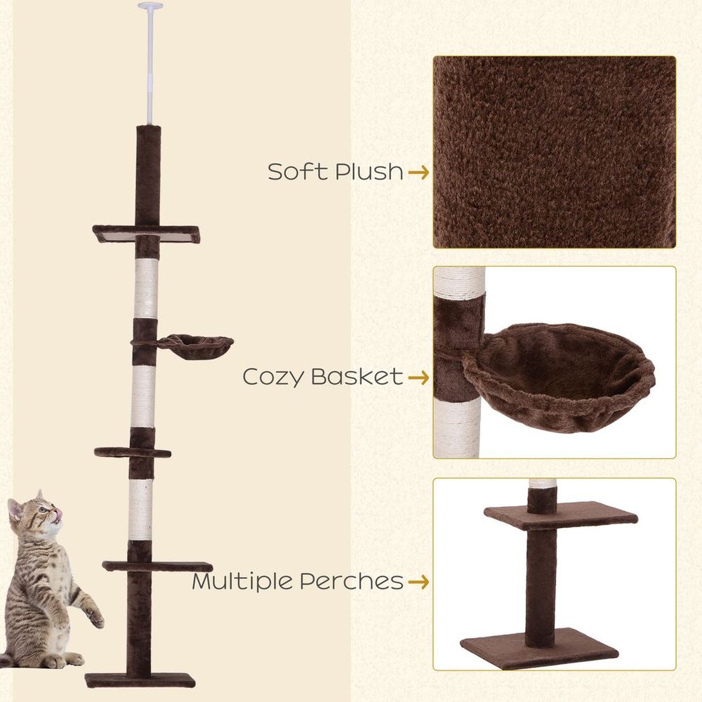 Floor to Ceiling Cat Tree for Indoor Cats 5-Tier Kitty Tower Brown