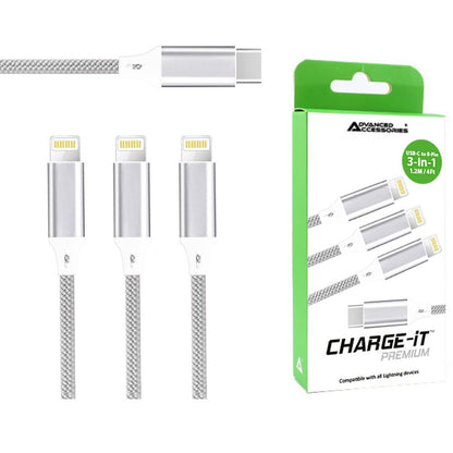 AA CHARGE-iT (1.2M) Premium 3in1 Cable USB-C To 3 x 8 Pin - Silver