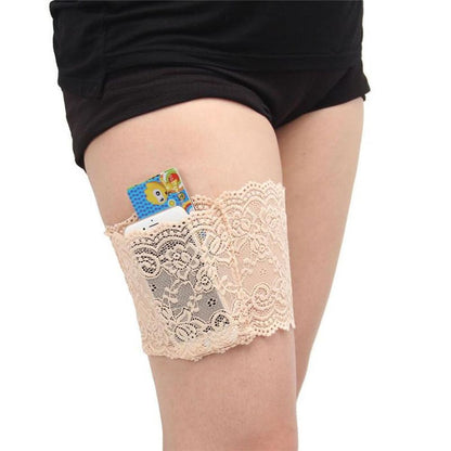 Women Lace Thigh Band with Anti-Slip Cellphone Pocket[L - Nude]