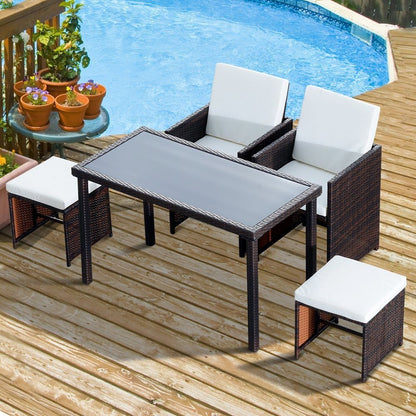 5 PCs Rattan Garden Furniture Wicker Weave Sofa Set Dining Table Chair Footrest