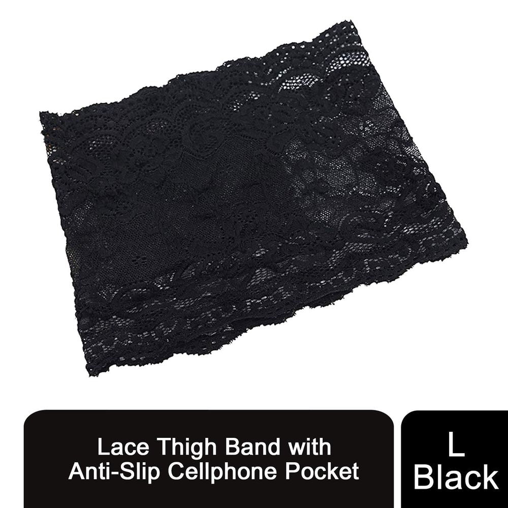 Women Lace Thigh Band with Anti-Slip Cellphone Pocket[L - Black]