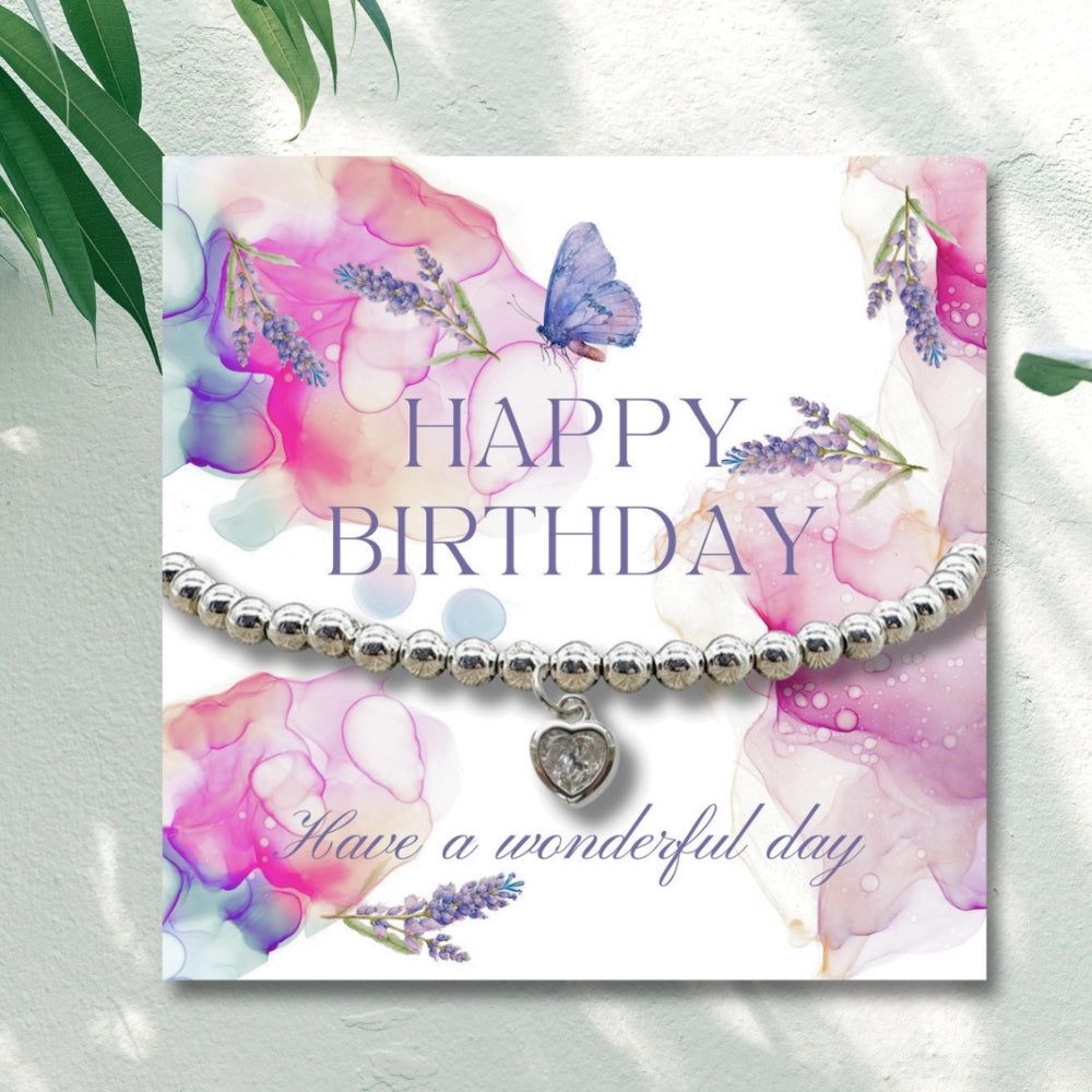 Happy Birthday Heart Bracelet & Lavender Butterfly Card