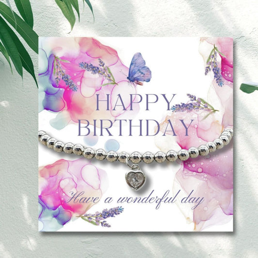 Happy Birthday Heart Bracelet & Lavender Butterfly Card