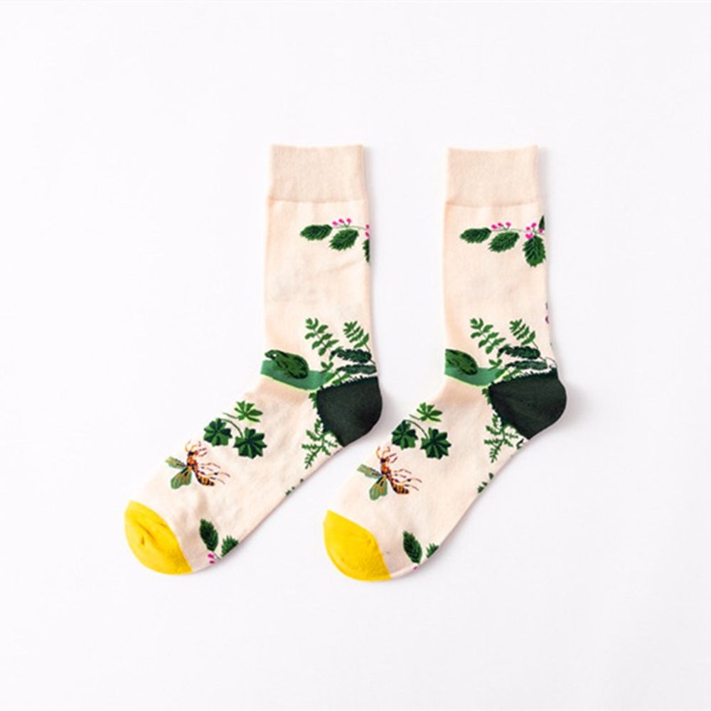 1 Pair Hot Sales Women Socks Harajuku Creative Flower And Bird Sketch Print Cotton Socks Breathable Casual Female Funny Socks