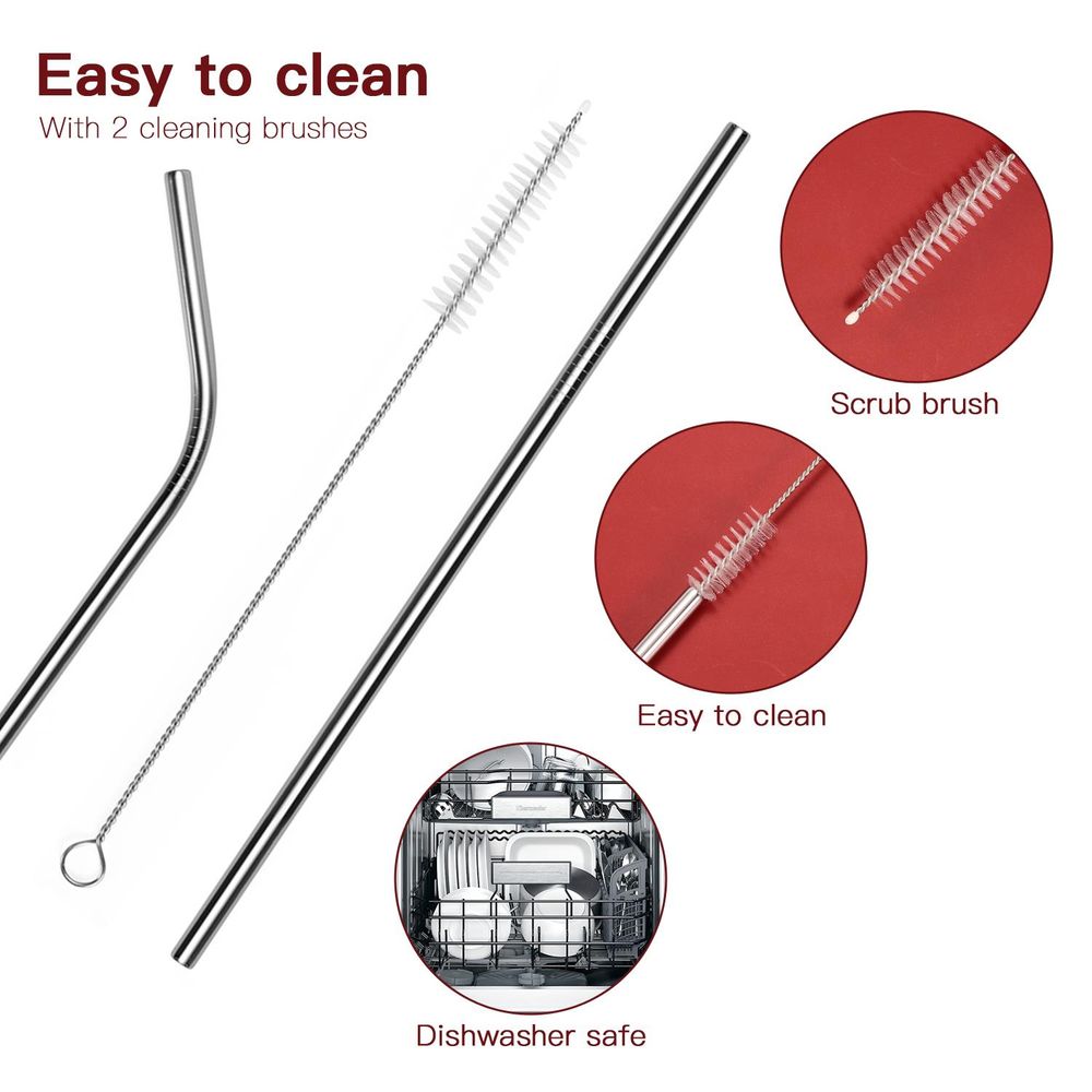 PACK OF 2 8.5" Silver Stainless Steel Reusable Metal Drinking Straws Set of 8 with 2 Cleaning Brushes