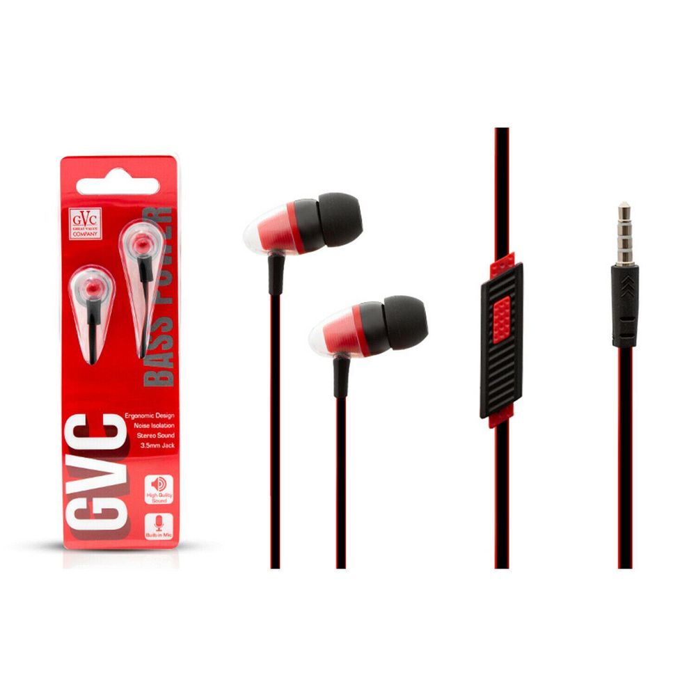 GVC Bass Power Stereo Sound Noise Isolating Earphones Red