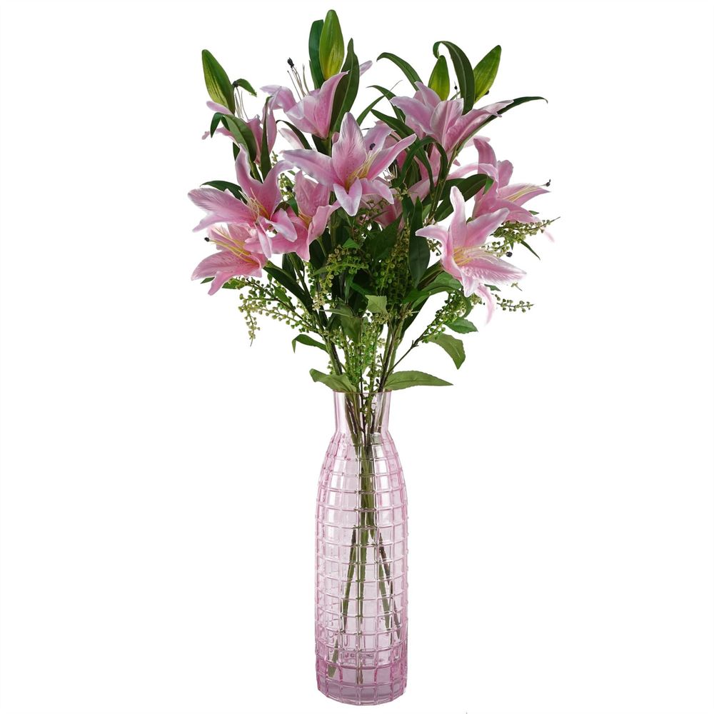 100cm Artificial Pink Lily Flower Arrangement Glass Vase