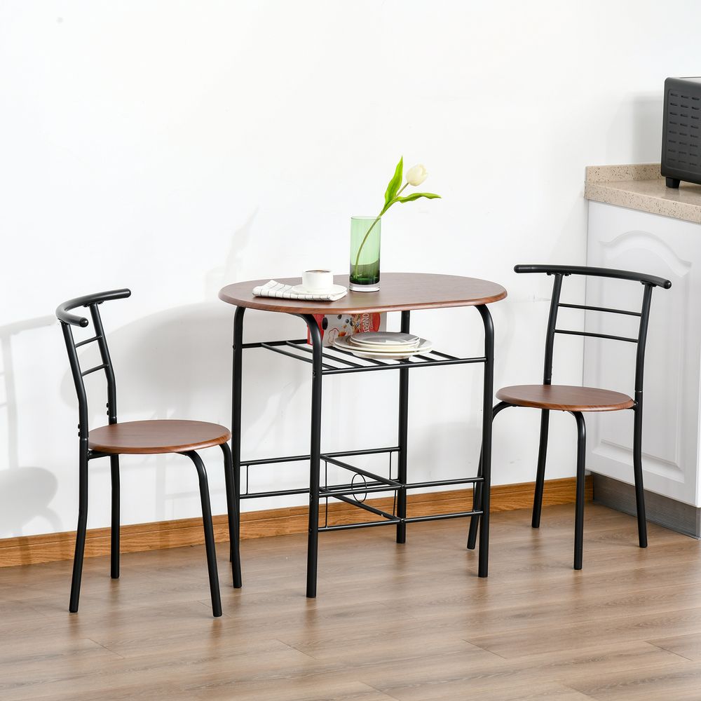 MDF 2-Seater Bar Stool and Table Set w/ Bottle Storage Shelf Wood Tone