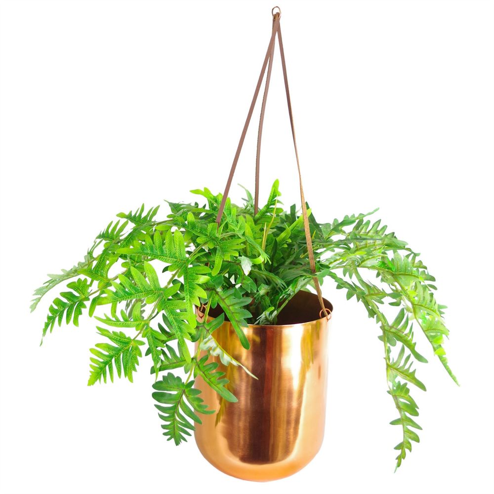 60cm Hanging Copper Planter with Artificial Evergreen Fern Plant