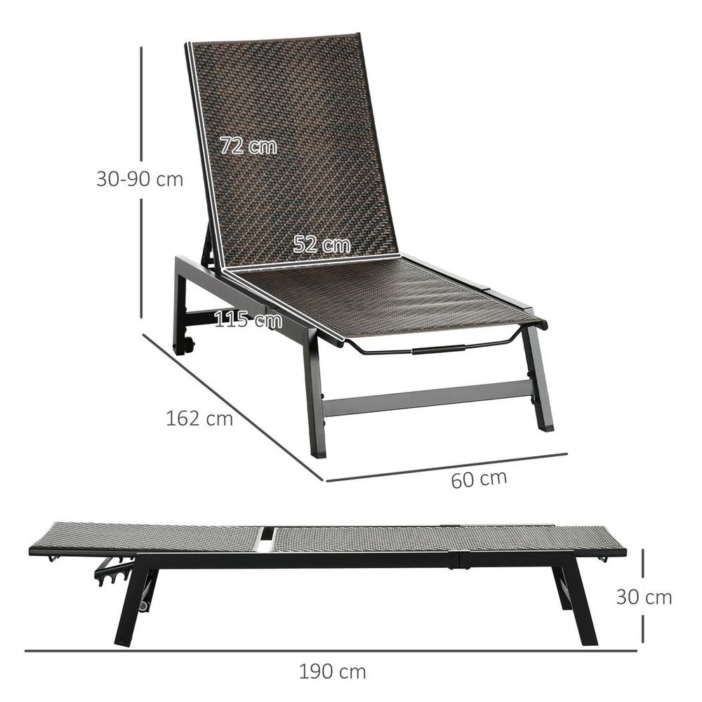 Outsunny Outdoor PE Rattan Sun Loungers w/ 5-Position Backrest & Wheels, Brown