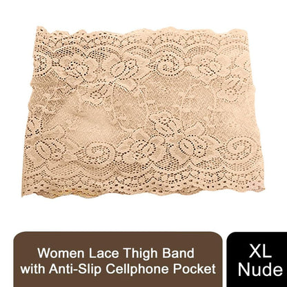 Women Lace Thigh Band with Anti-Slip Cellphone Pocket[XL - Nude]