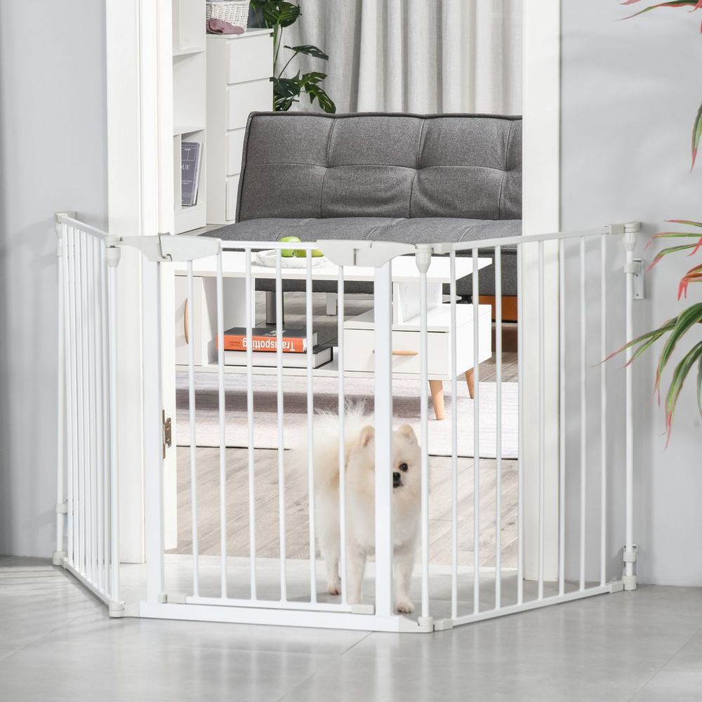 Pet Safety Gate 3-Panel Playpen Metal Fence W/ Walk Through Door White