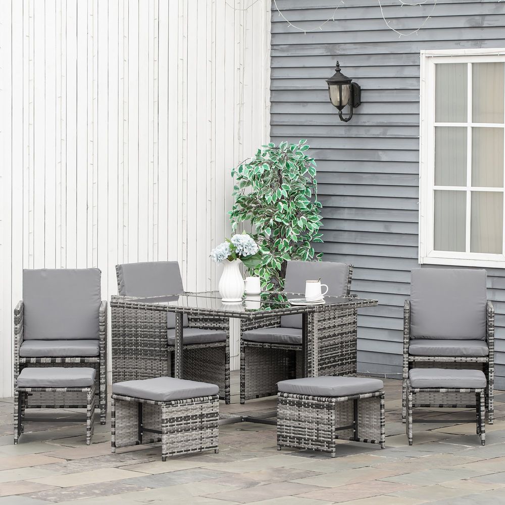 9PC Rattan Garden Furniture Outdoor Patio Dining Table Set Wicker 8 Seater Stool