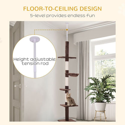 Floor to Ceiling Cat Tree for Indoor Cats 5-Tier Kitty Tower Brown