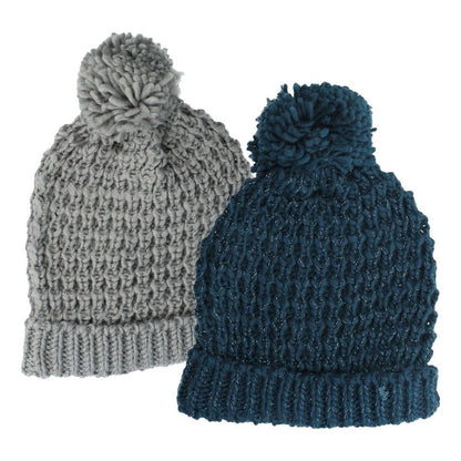 Ladies Winter Knitted Beanie with Bobble Pom Pom, Grey or Blue