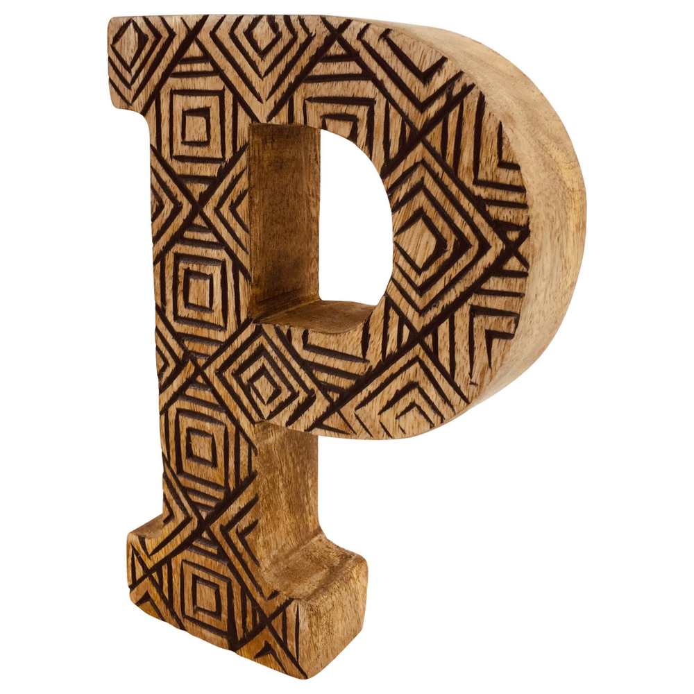 Hand Carved Wooden Geometric Letter P