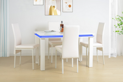 5 Piece Dining Table Set High Gloss WHITE with Blue LED Light - EFFULGENCE