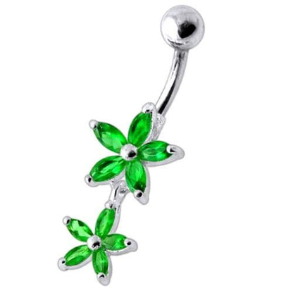 Double Flower Jeweled Dangling Belly Ring