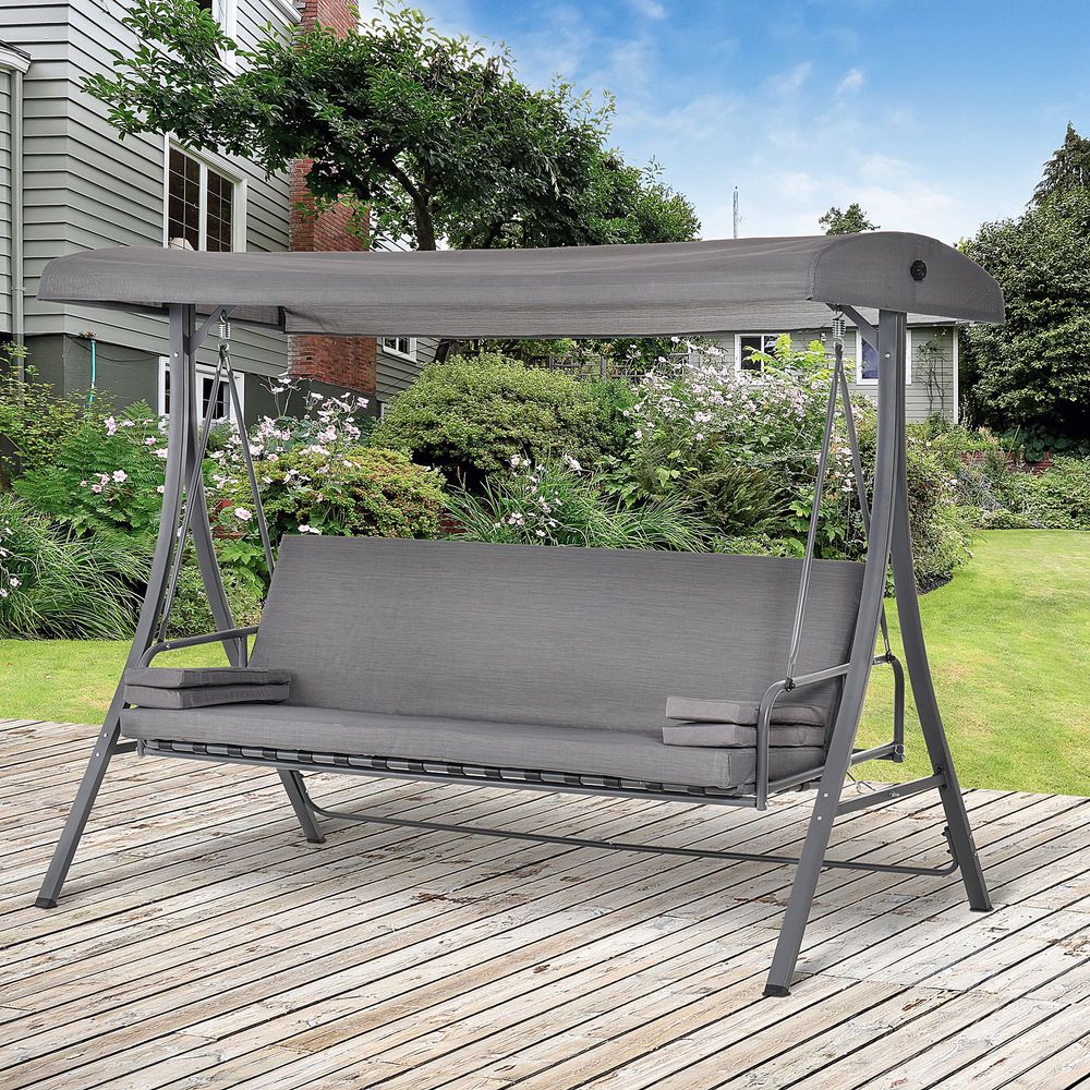 2-in-1 Swing Chair  3 Seater Bench Hammock Bed Adjustable Canopy Pillow, Grey