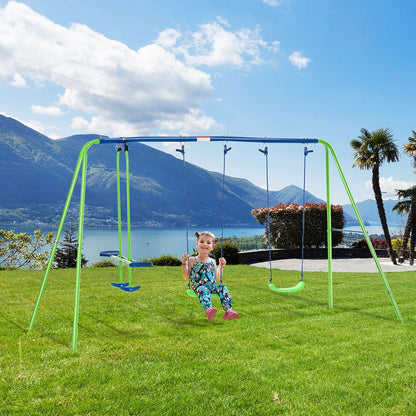 Metal 2 Swings & Seesaw Set Height Adjustable Outdoor Play Set, Green Outsunny