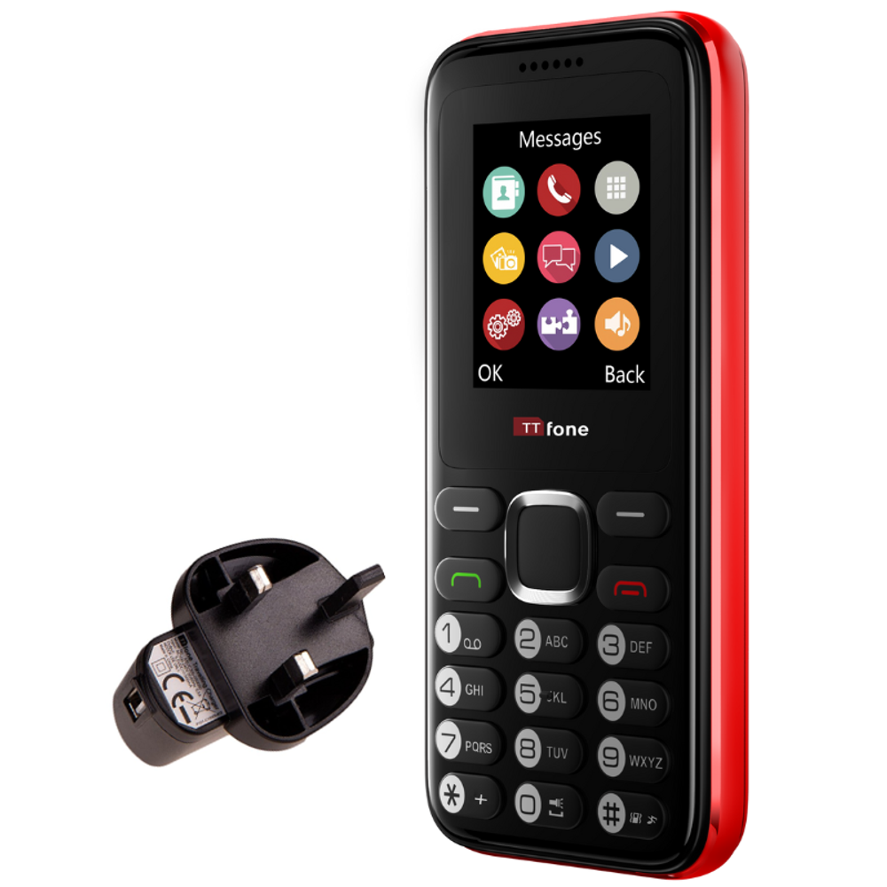 TTfone TT150 Red Dual SIM with Mains Charger, O2 Pay As You Go