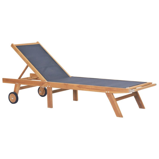 Folding Sun Lounger with Wheels Solid Teak and Textilene