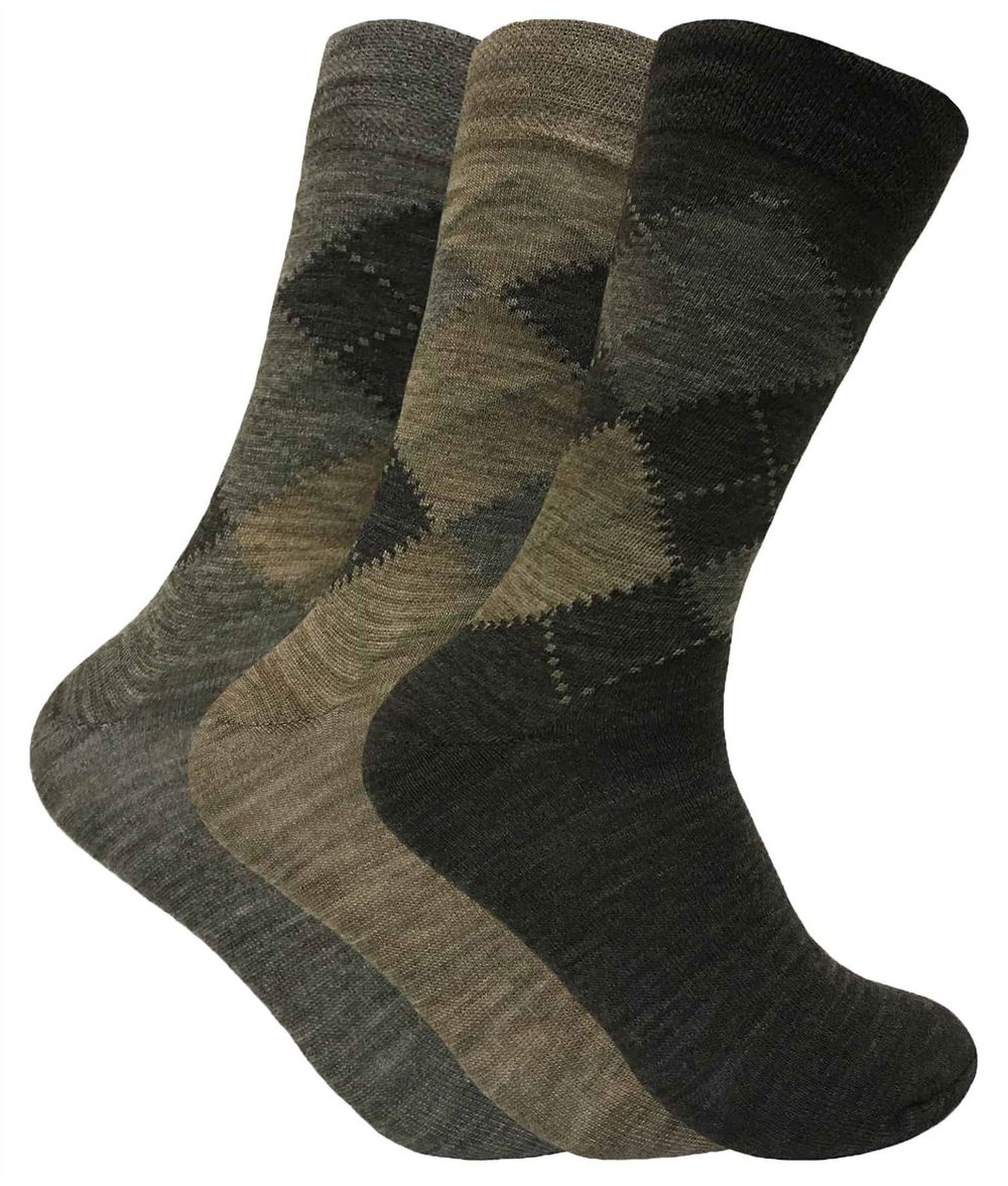 3 Pairs Mens Argyle Lambs Wool Socks