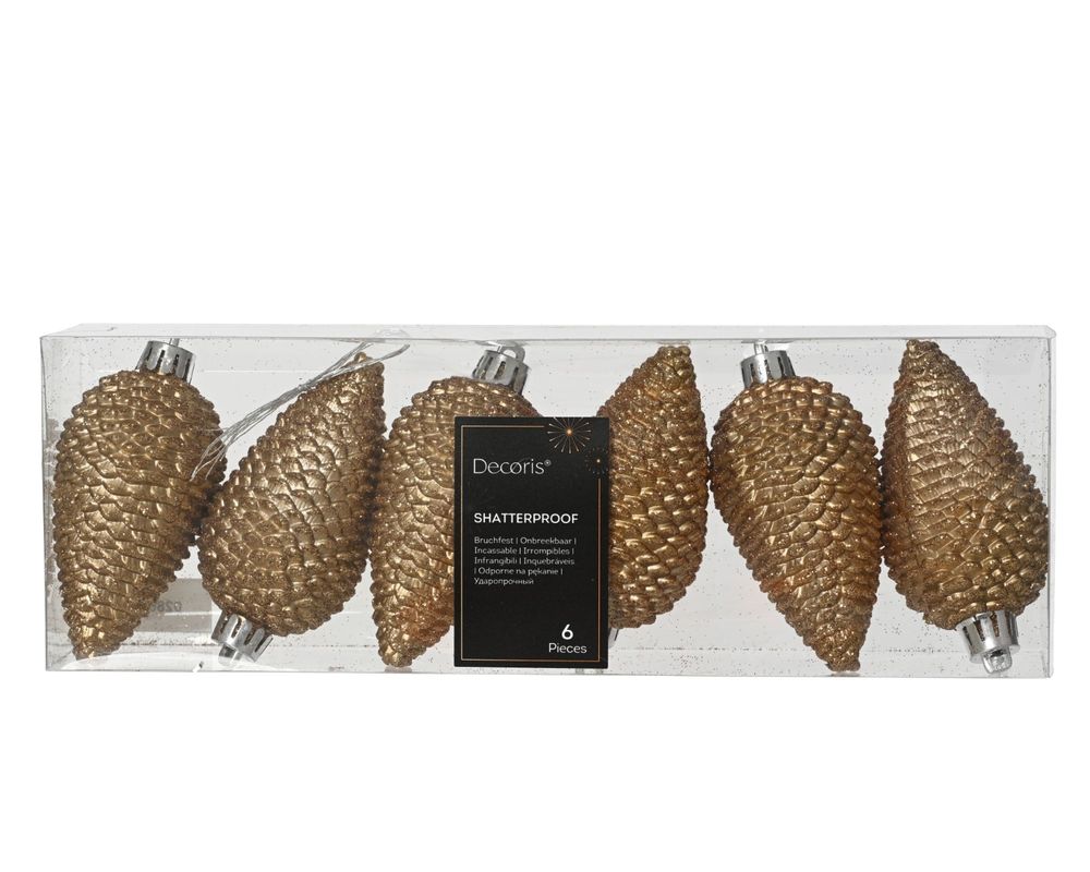 Shatterproof Pecan Brown Glitter Pine Cone  8cm Pack of 6 - Christmas Tree Decoration