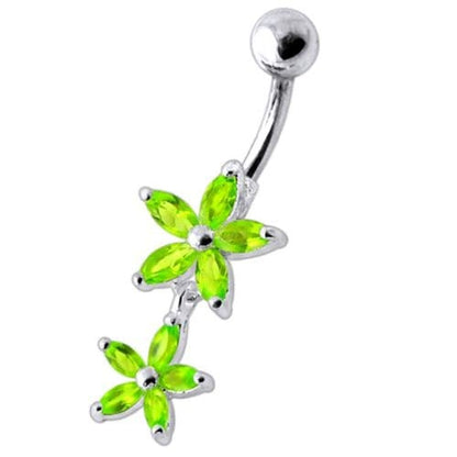 Double Flower Jeweled Dangling Belly Ring