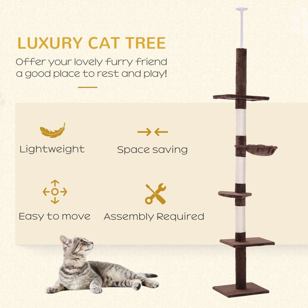 Floor to Ceiling Cat Tree for Indoor Cats 5-Tier Kitty Tower Brown