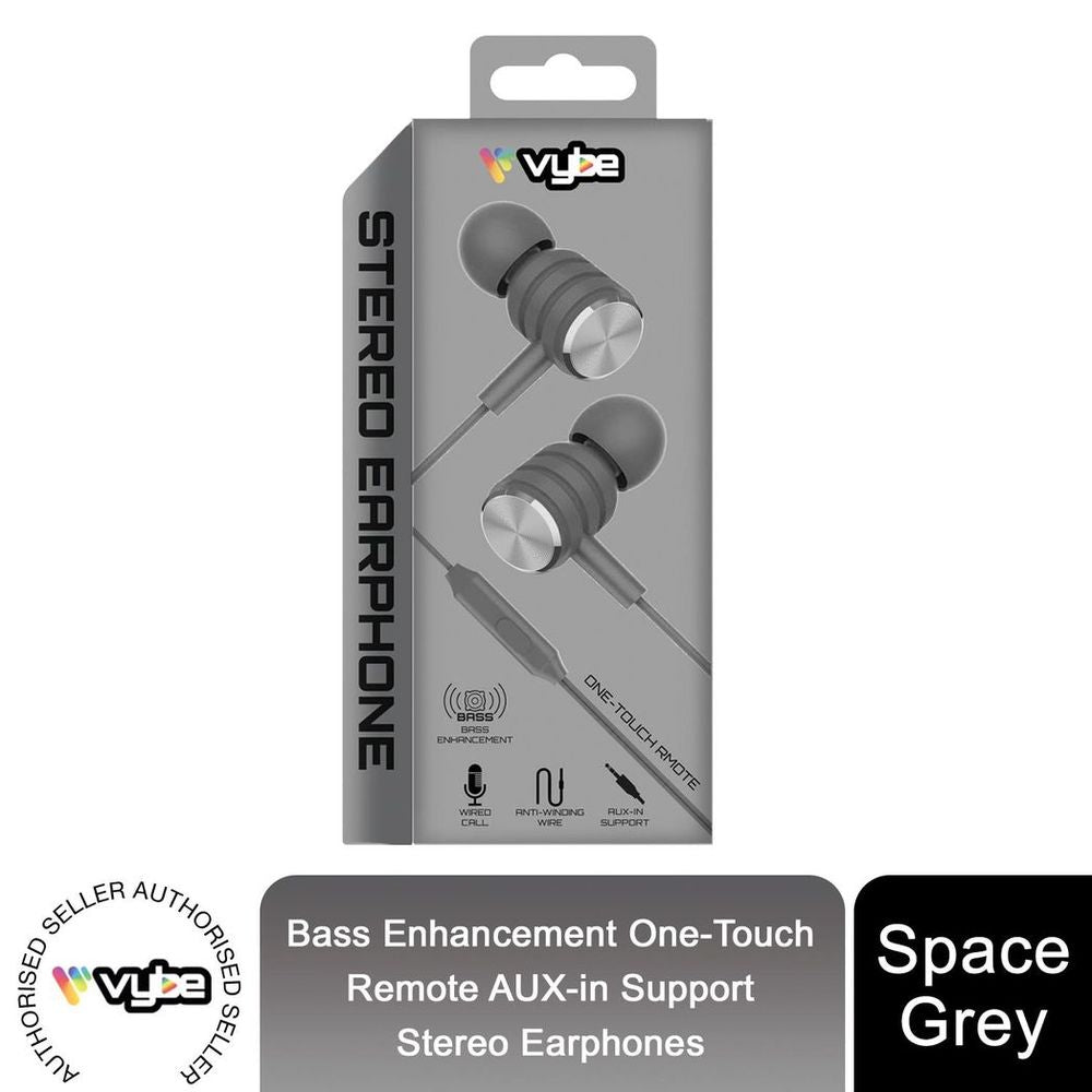 Vybe Bass Enhancement One-Touch Remote 3.5mm AUX-in Stereo Earphones, Space Grey