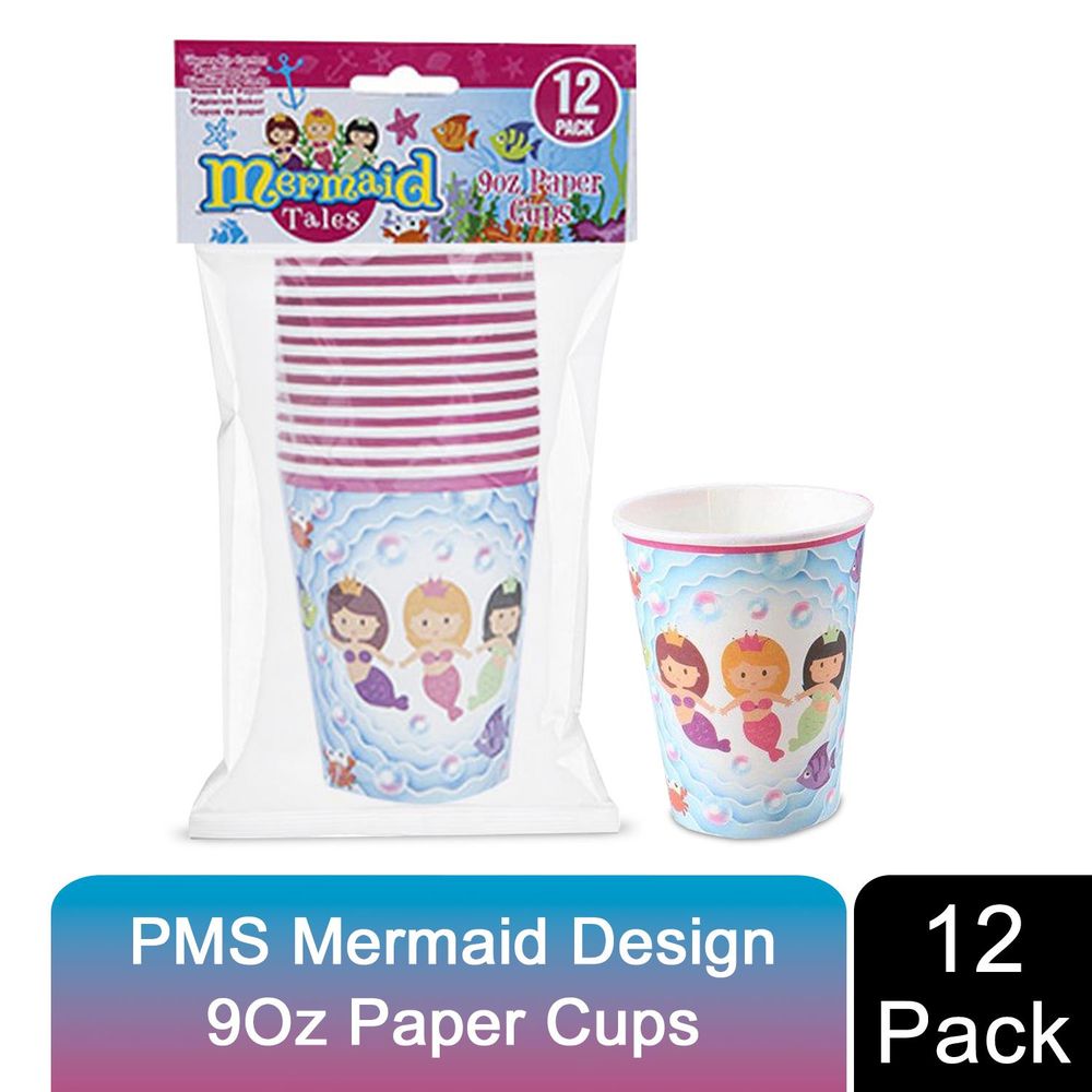 Mermaid Design Disposable 12 Paper Cups For Picnics, Parties & Barbecues