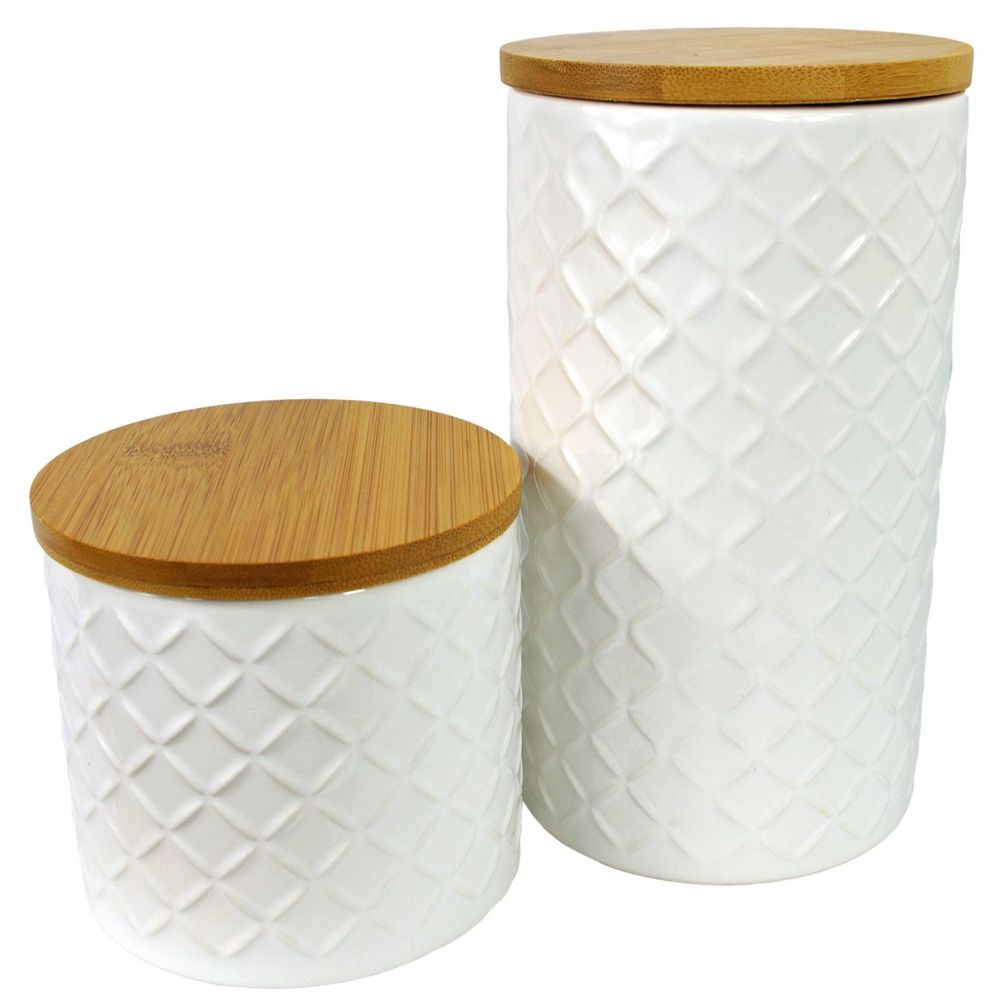 Set of Two Ceramic Jars Embossed Cream Canisters with Lids