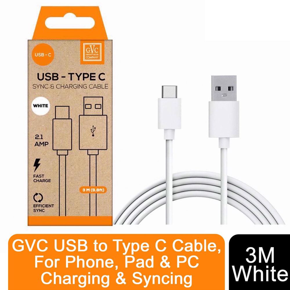 GVC USB to Type C Cable, For Phone, Pad & PC Charging & Syncing, 3M - White