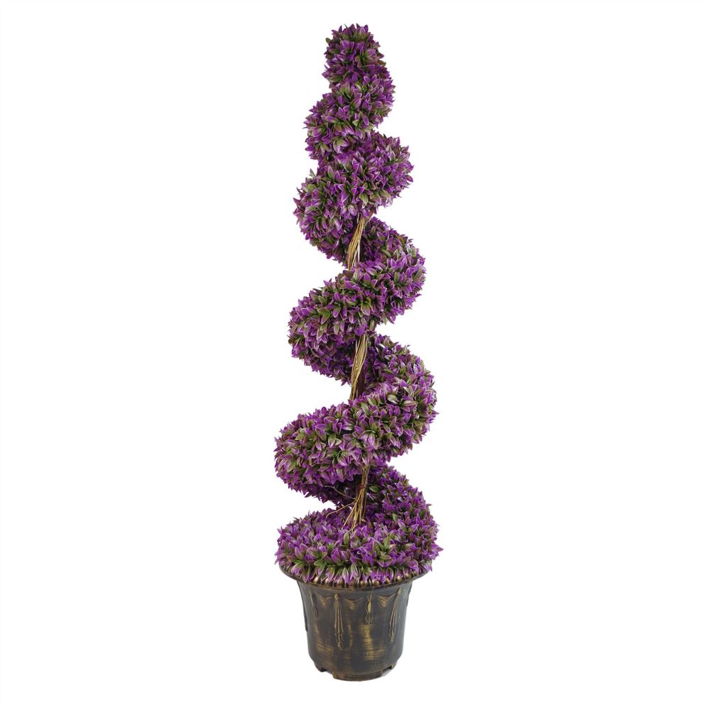 120cm Pair of Purple Large Leaf Spiral Topiary Trees with Decorative Planters