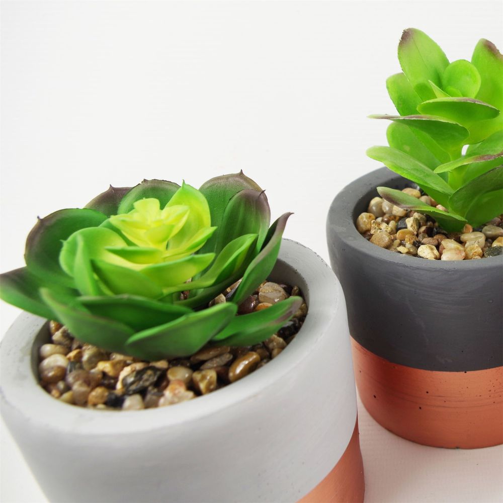 14cm Set of Three Stoneware Mini Copper Band Planters with Artificial Succulent Plants