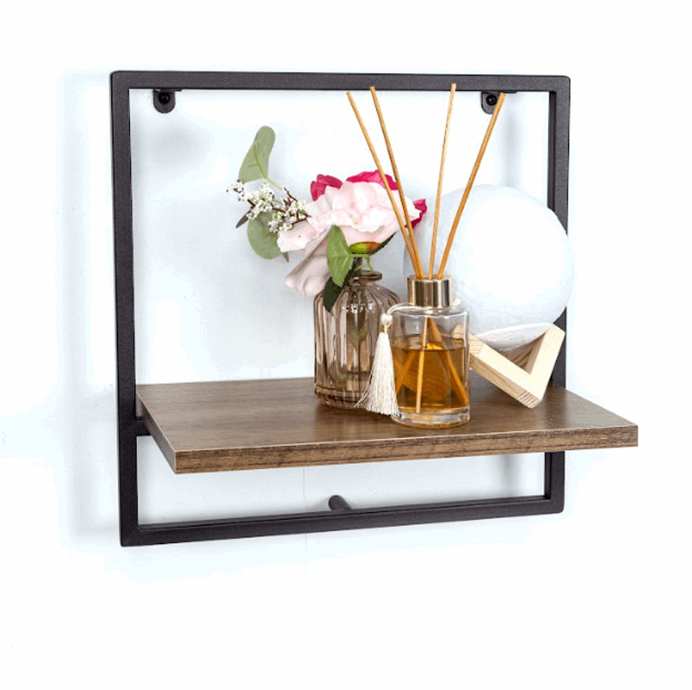 1 Tier Dark OAK Wall Shelf with Black Metal Frame - PARGI