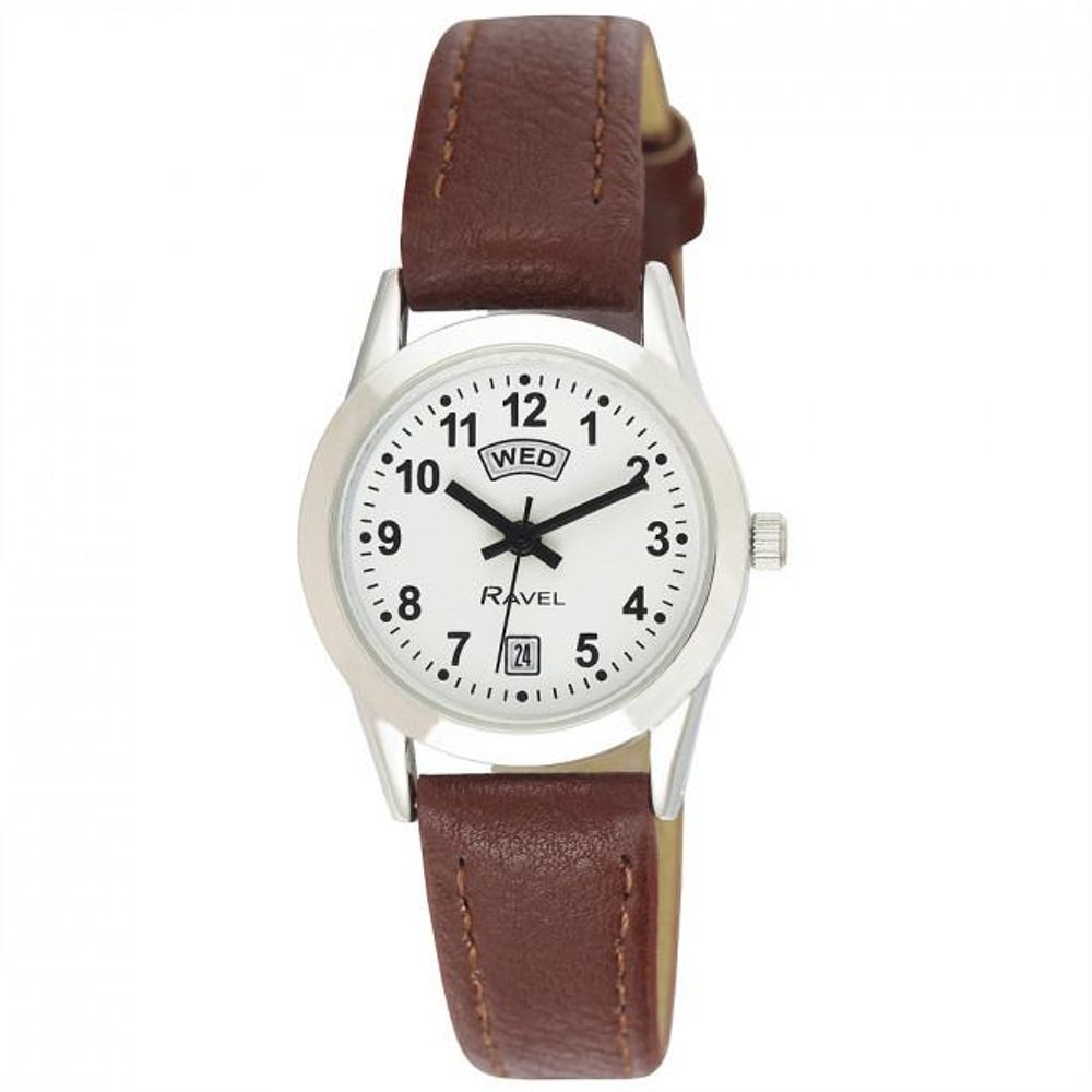 Ravel Ladies Stainless Steel Day/Date Brown Faux Leather Strap Watch R0706.41.2