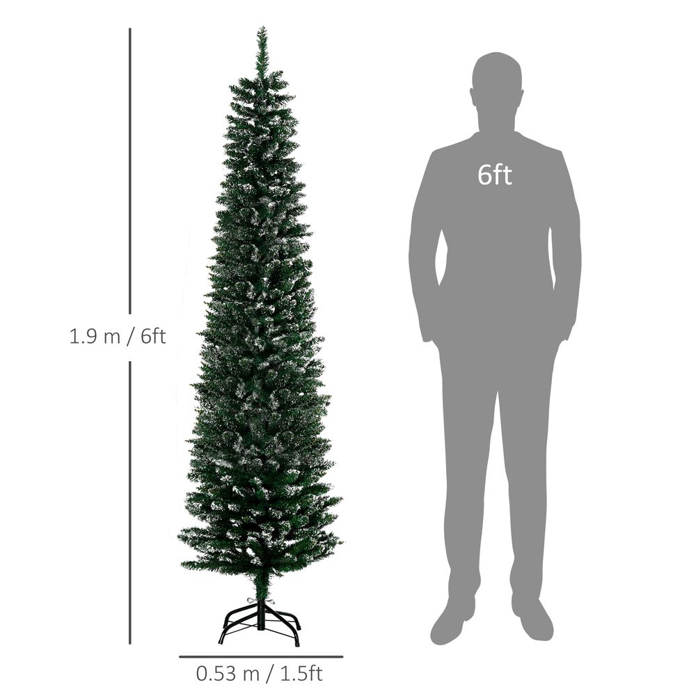 6.5FT Artificial Snow Dipped Christmas Tree Pencil Foldable Black Stand Green