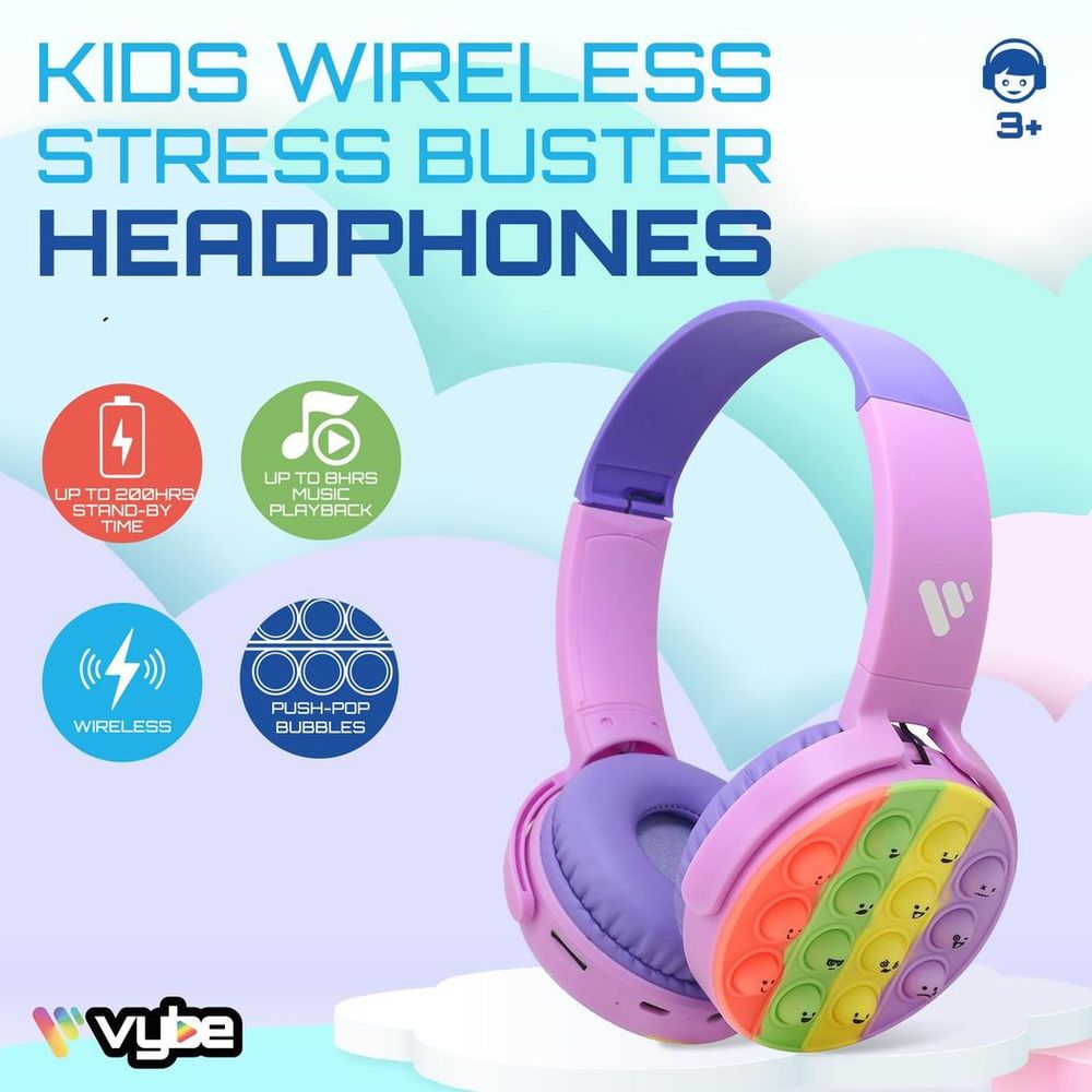 Vybe Stress Buster Push-Pop Fidget Tool AUX Cable Wireless Kids Headset - Purple