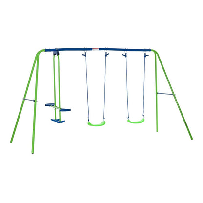 Metal 2 Swings & Seesaw Set Height Adjustable Outdoor Play Set, Green Outsunny