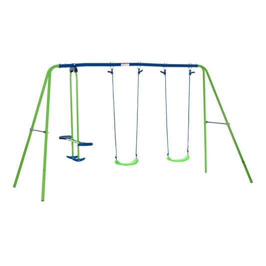 Metal 2 Swings & Seesaw Set Height Adjustable Outdoor Play Set, Green Outsunny