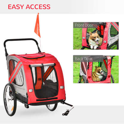 PawHut 2-In-1 Dog Bike Trailer Pet Stroller with Universal Wheel Reflector Flag Red